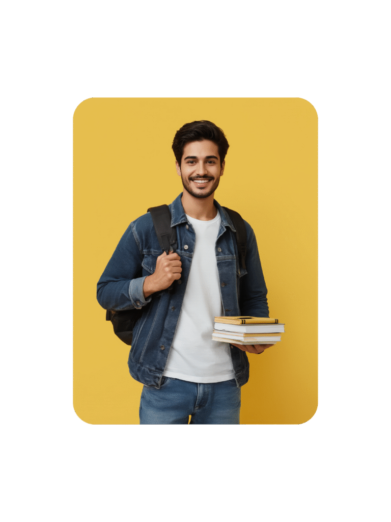Aluno sorrindo com mochila e livros de inglês