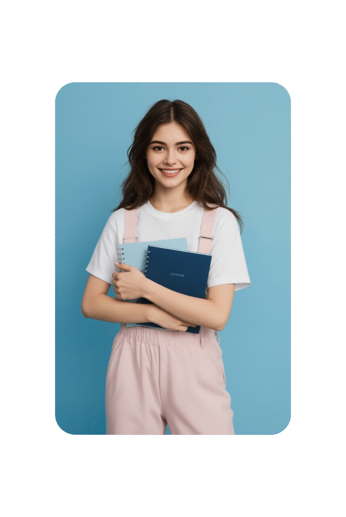 Aluna sorrindo segurando cadernos do curso de inglês